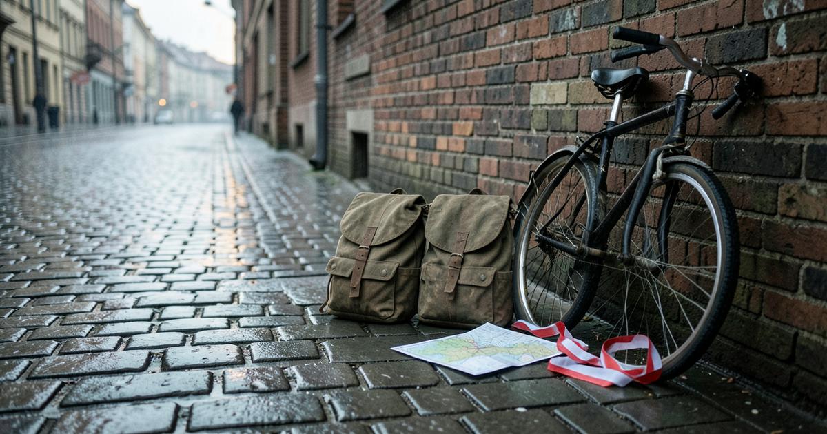 Plecaki, rower i mapa na ulicy okupowanej Warszawy – symbol bohaterów Kamieni na szaniec