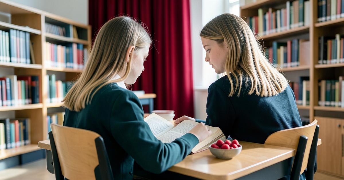 Dwie uczennice czytające dramat przy stoliku z malinami – powtórka z Balladyny