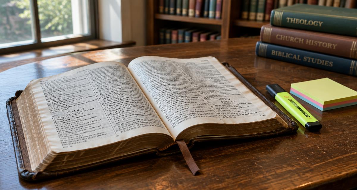 Otwarta stara Biblia na drewnianym biurku obok zakreślacza i karteczek