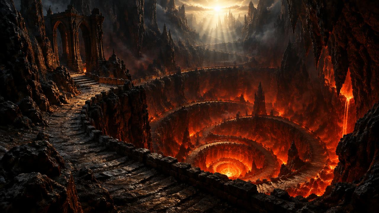 Spiralna ścieżka schodząca w ognistą otchłań z jasnym światłem w górze – powtórka z Boskiej komedii