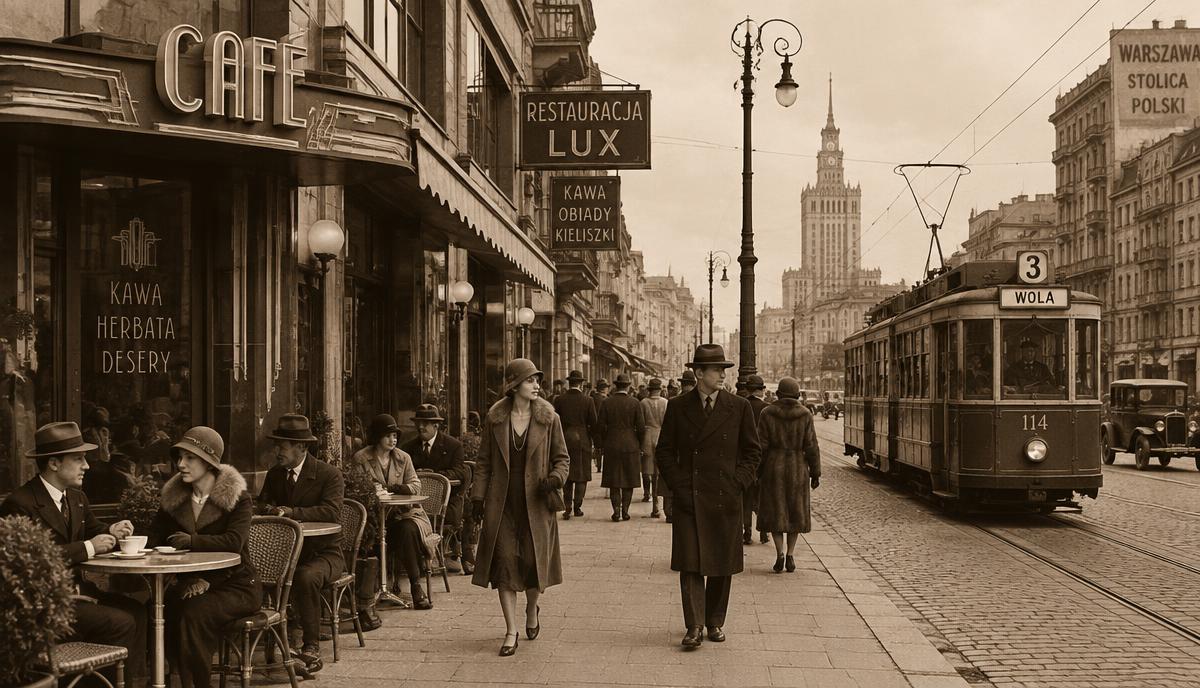 Warszawska ulica w latach dwudziestych, kawiarnia w stylu art déco, tramwaj i przechodnie w strojach z epoki