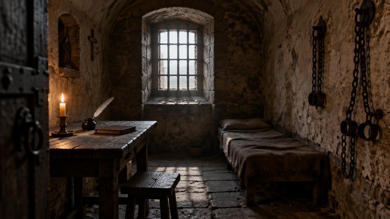 Kamienna cela klasztorna z zakratowanym oknem, świecą i gęsim piórem na stole