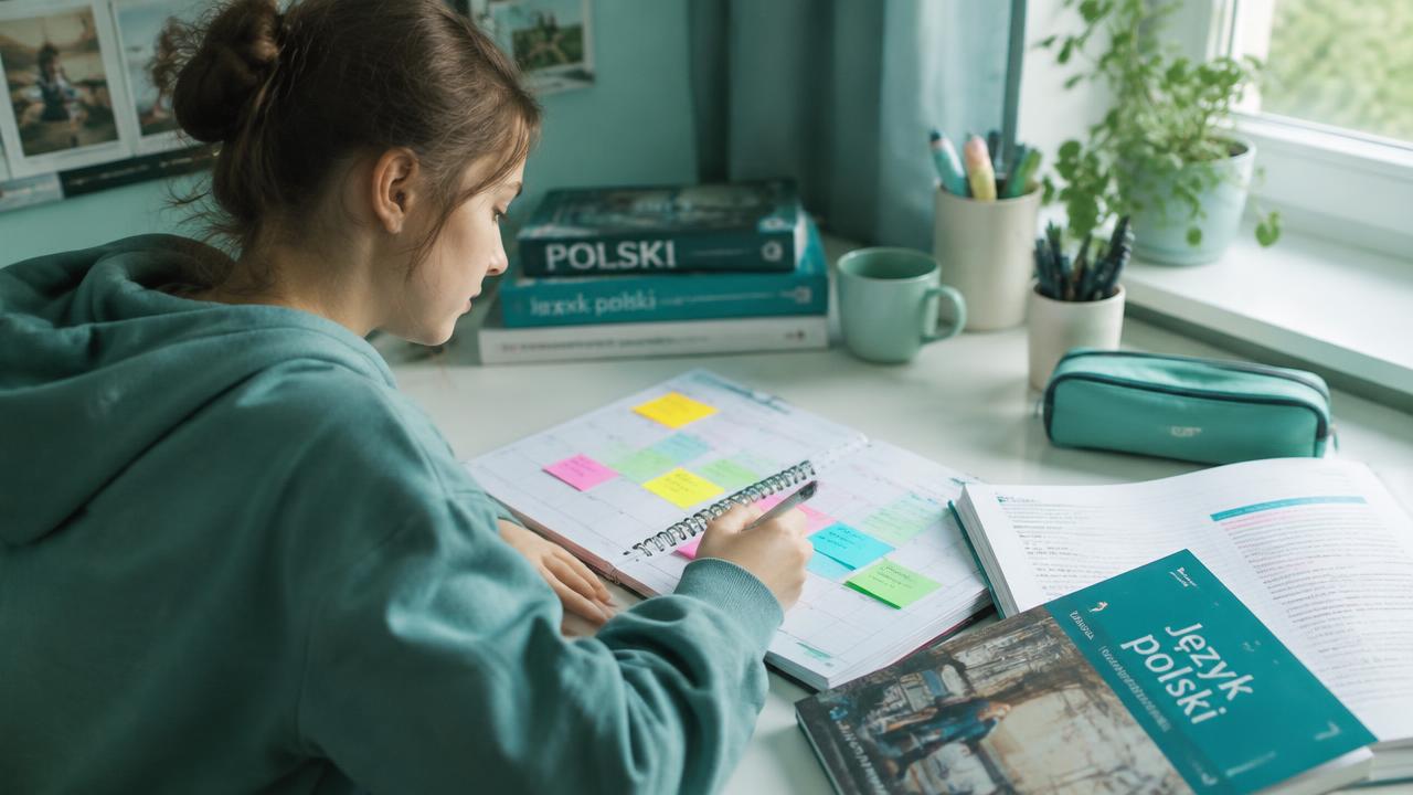 Uczennica planuje powtórki do egzaminu ósmoklasisty w kalendarzu z kolorowymi karteczkami