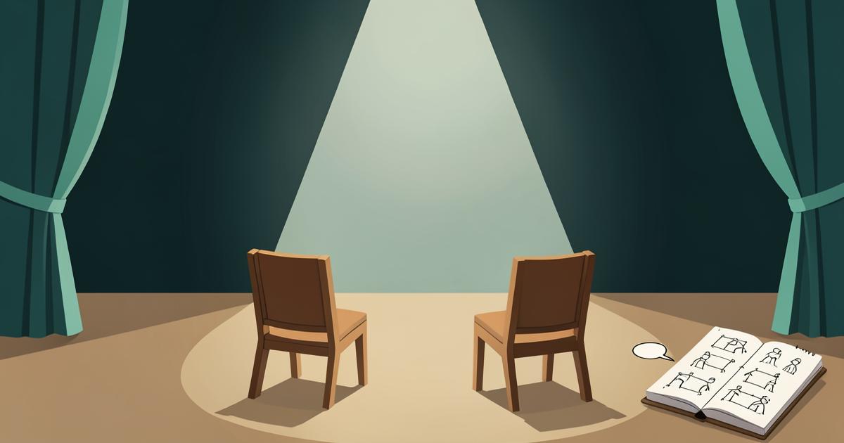 Pusta scena teatralna z reflektorem, dwoma krzesłami i otwartym scenariuszem ze szkicami ustawień