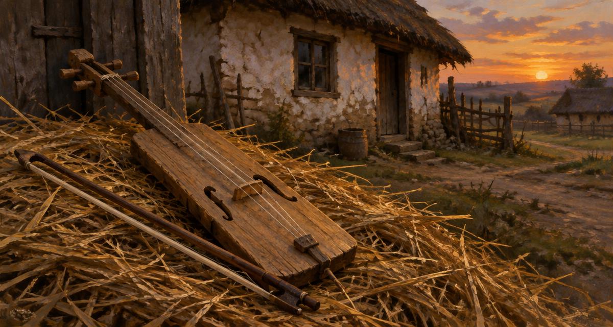Prowizoryczne skrzypce z deski i końskiego włosia na słomie przy wiejskiej chacie o zachodzie słońca – powtórka z Janka Muzykanta