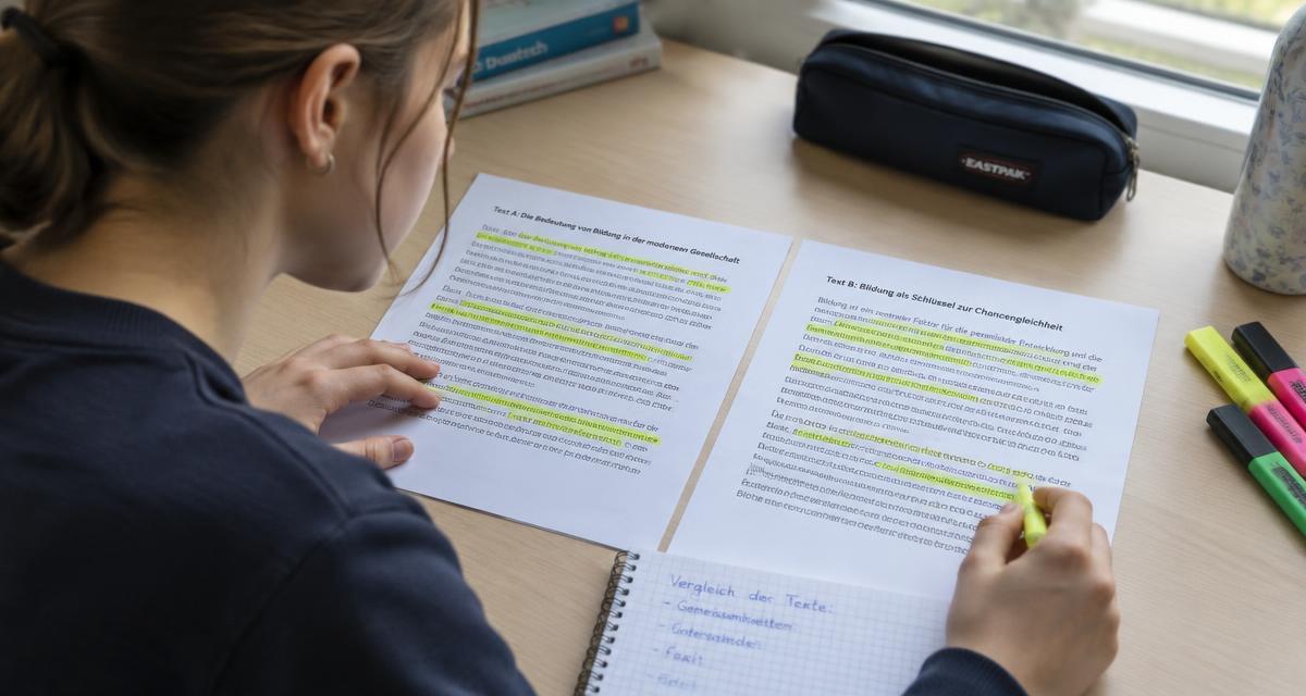 Uczennica porównuje dwa wydrukowane teksty i zaznacza fragmenty zakreślaczem