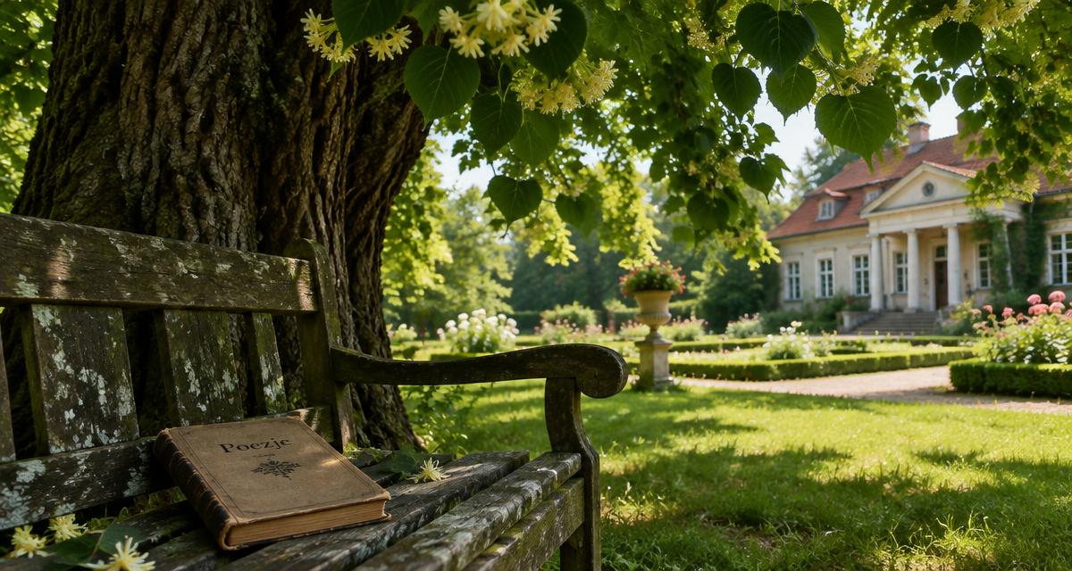 Stary tomik poezji na drewnianej ławce pod lipą w ogrodzie dworku