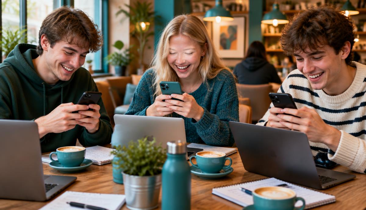 Grupa studentów rozwiązuje wspólnie próbne kolokwium na telefonach
