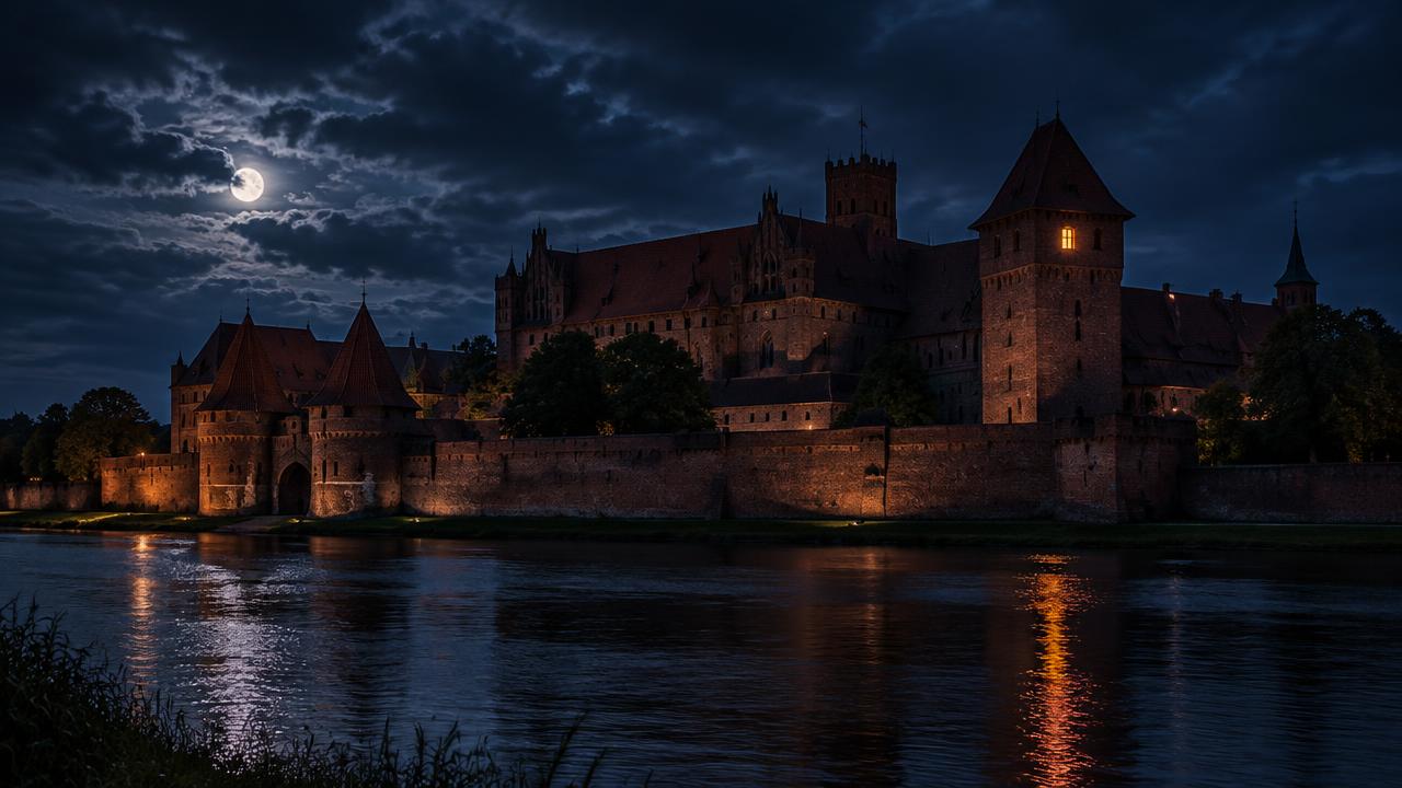 Ceglany krzyżacki zamek nocą nad rzeką z jednym oświetlonym oknem w wieży