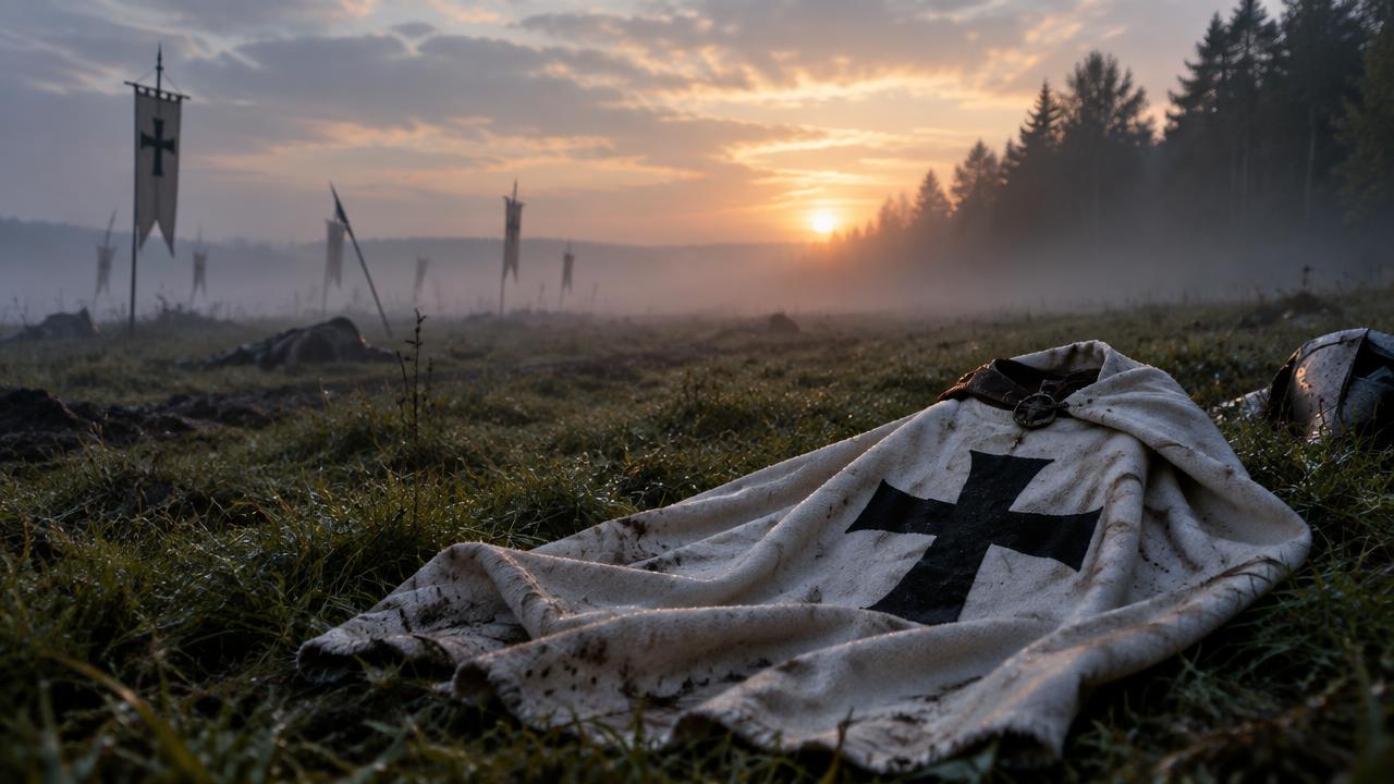 Biały płaszcz z czarnym krzyżem na trawie mglistego pola bitwy o świcie – powtórka z Krzyżaków