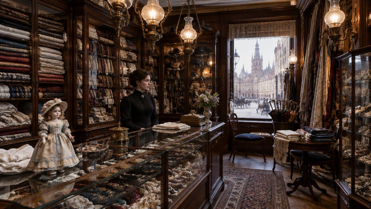 Wnętrze dziewiętnastowiecznego sklepu galanteryjnego z porcelanową lalką na ladzie
