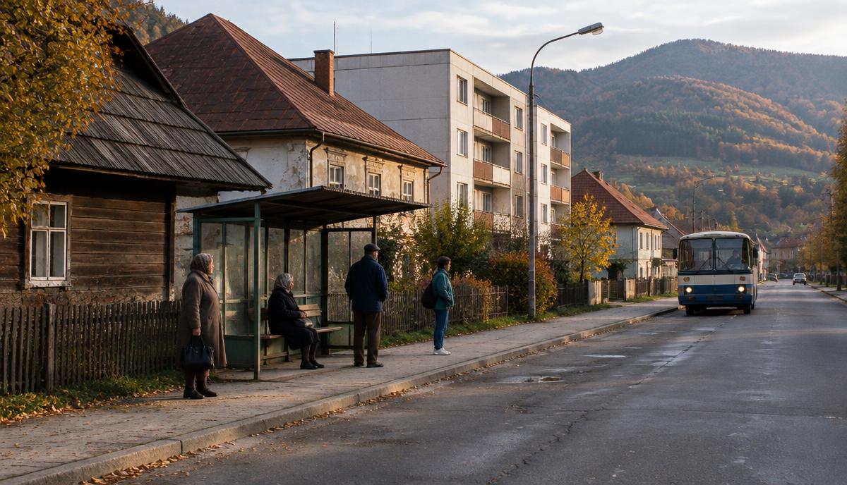 Małe miasteczko w Karpatach jesienią, przystanek autobusowy, stare i nowe budynki obok siebie