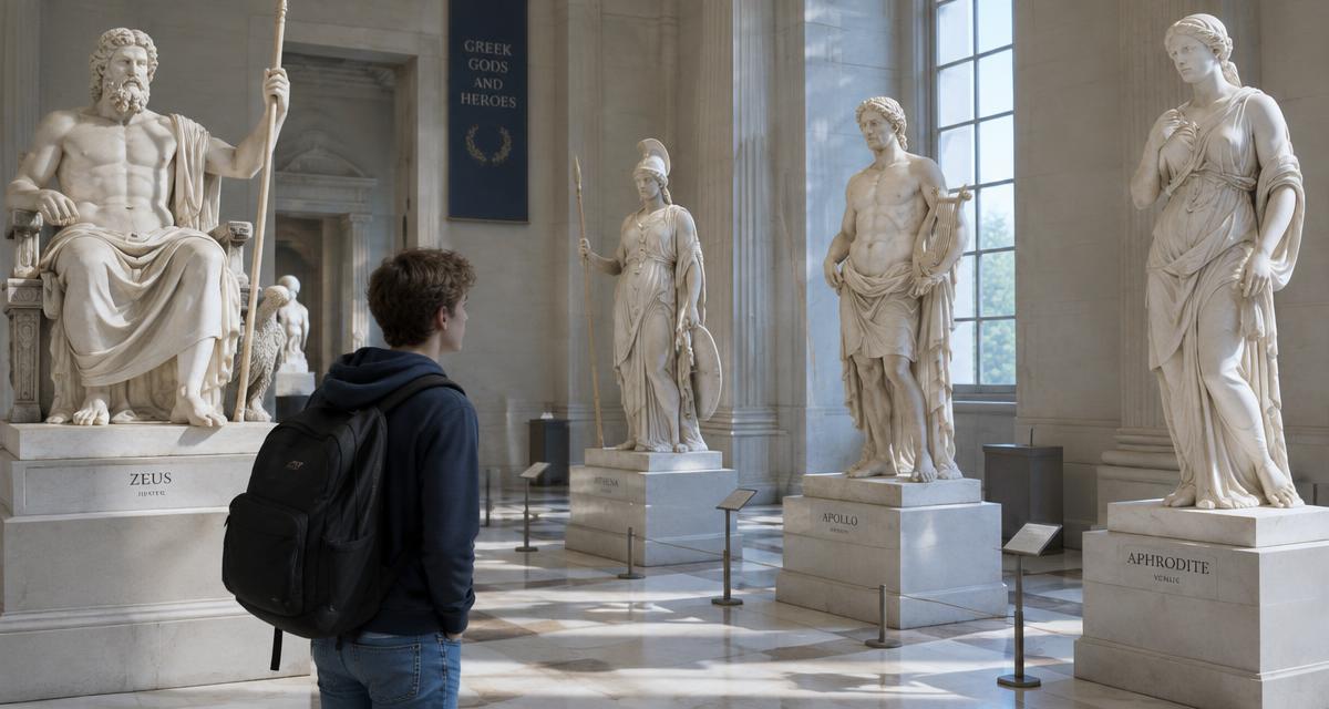 Uczeń z plecakiem ogląda marmurowe posągi greckich bogów w muzeum