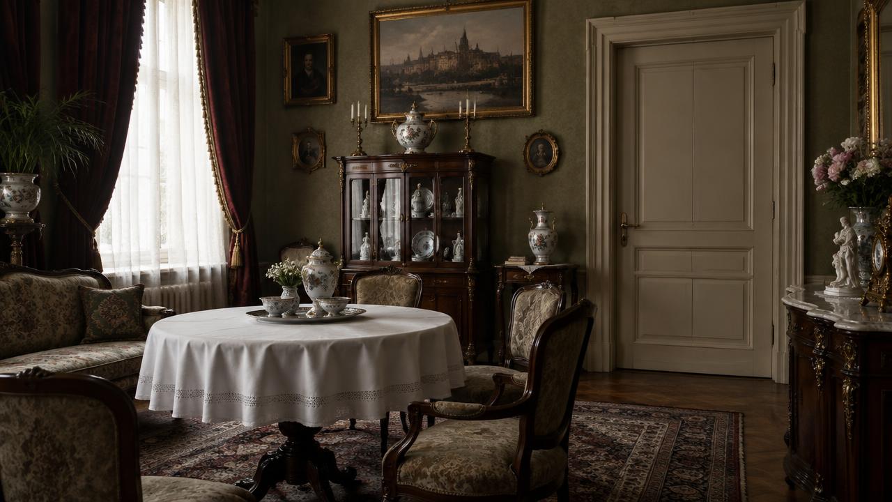 Duszny mieszczański salon z ciężkimi zasłonami, porcelaną i zamkniętymi drzwiami – powtórka z Moralności pani Dulskiej