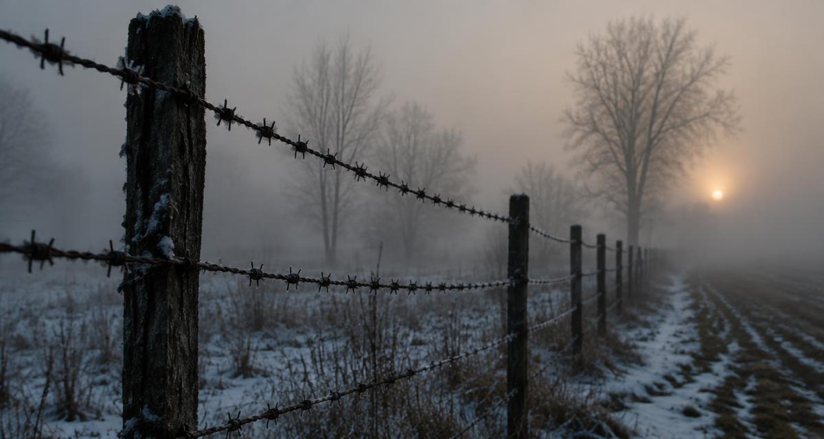 Ogrodzenie z drutu kolczastego we mgle o świcie na zimowym polu
