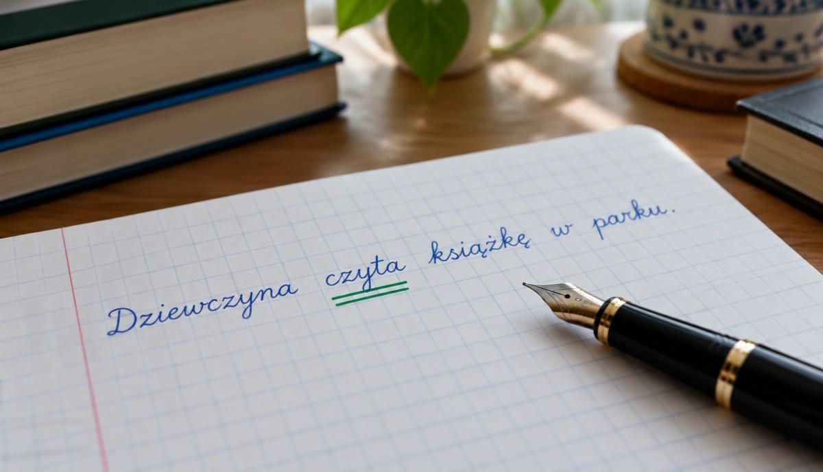 Zeszyt w kratkę ze zdaniem, w którym orzeczenie podkreślono dwiema liniami