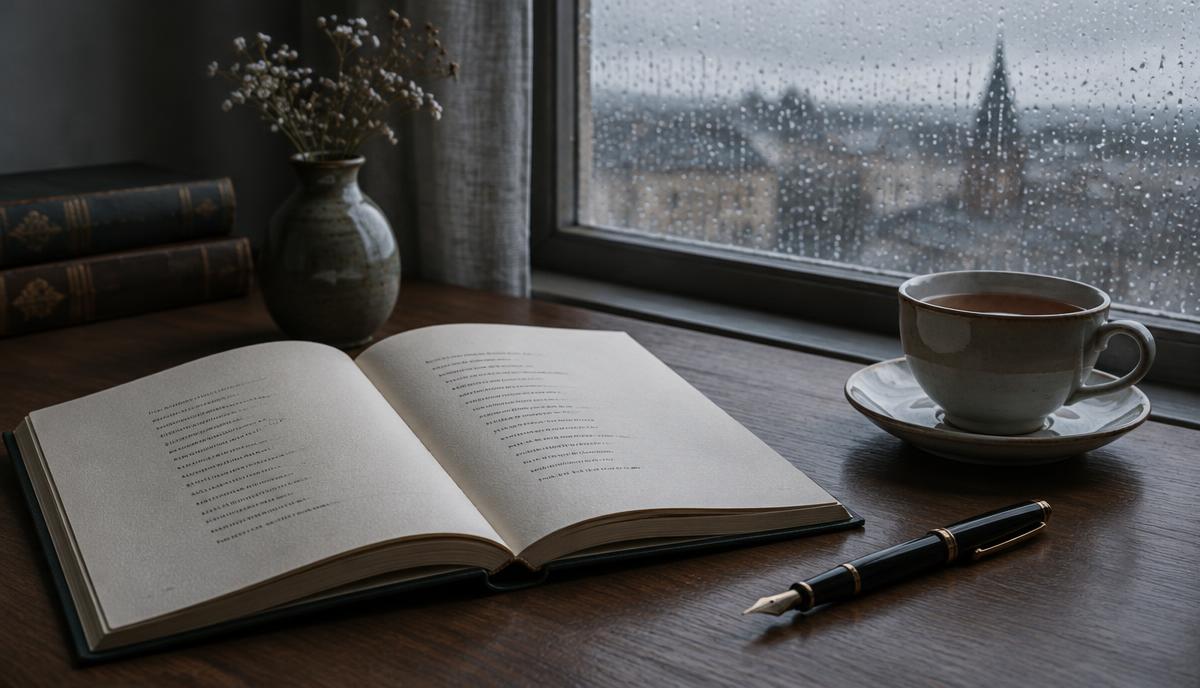 Otwarty tomik poezji na drewnianym biurku przy oknie z kroplami deszczu, obok pióro i herbata