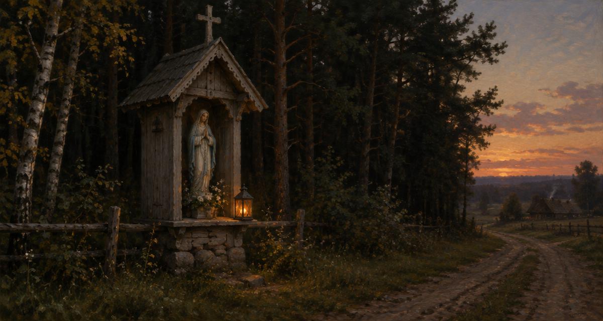 Przydrożna kapliczka z figurą Matki Bożej na skraju lasu o zmierzchu – powtórka z ballady Powrót taty