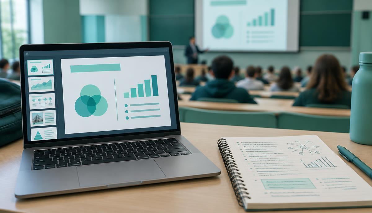 Student uczy się z prezentacji slajdów wykładowych na laptopie