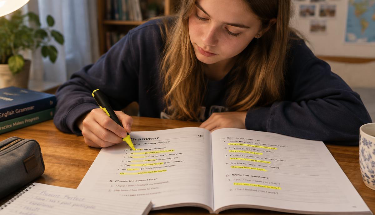 Uczennica zaznacza markerem wyrazy w zeszycie ćwiczeń z gramatyki
