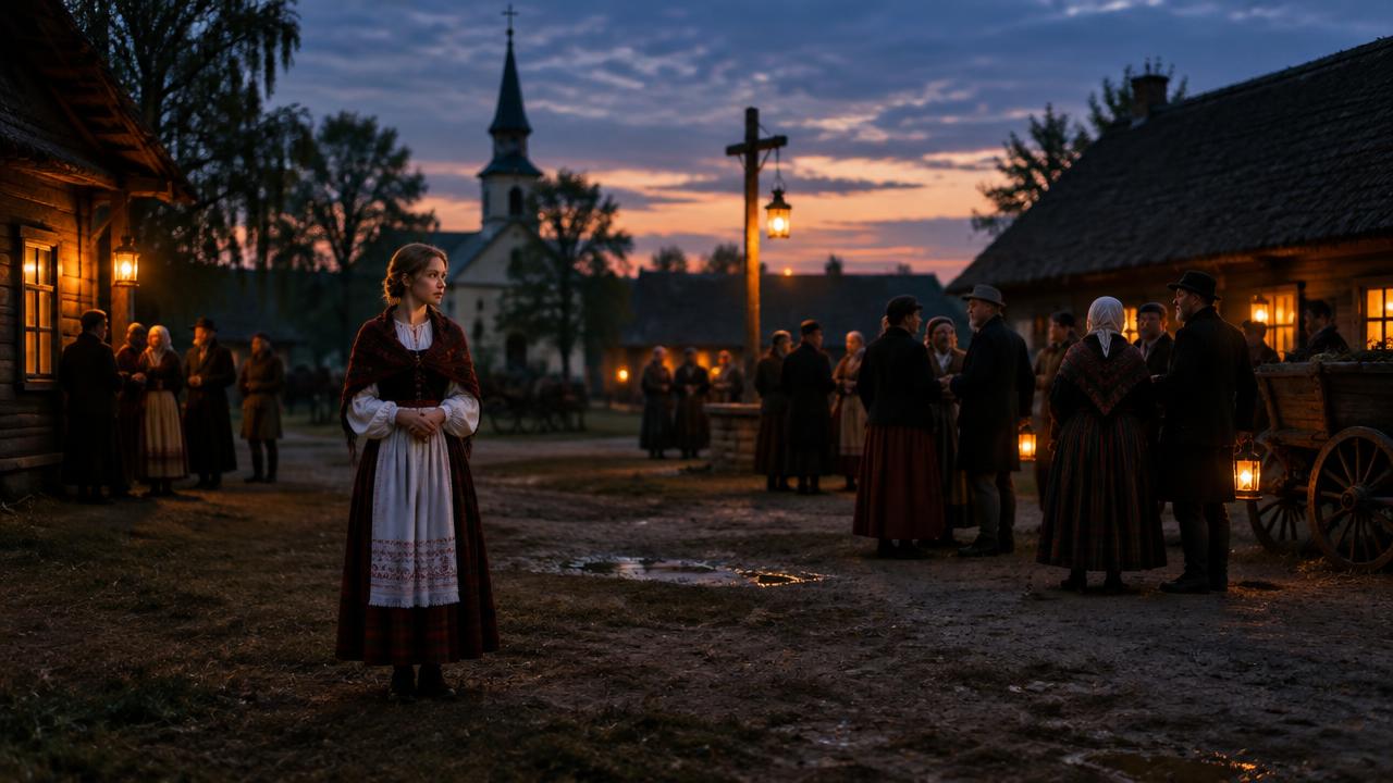 Młoda kobieta w ludowym stroju stoi sama o zmierzchu na placu wiejskim wśród ludzi