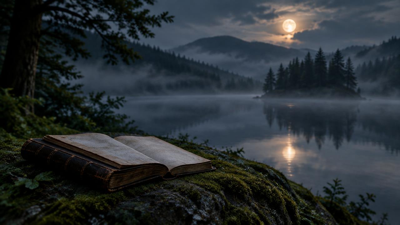Mglisty las nad jeziorem w świetle księżyca i stara księga na omszałym kamieniu