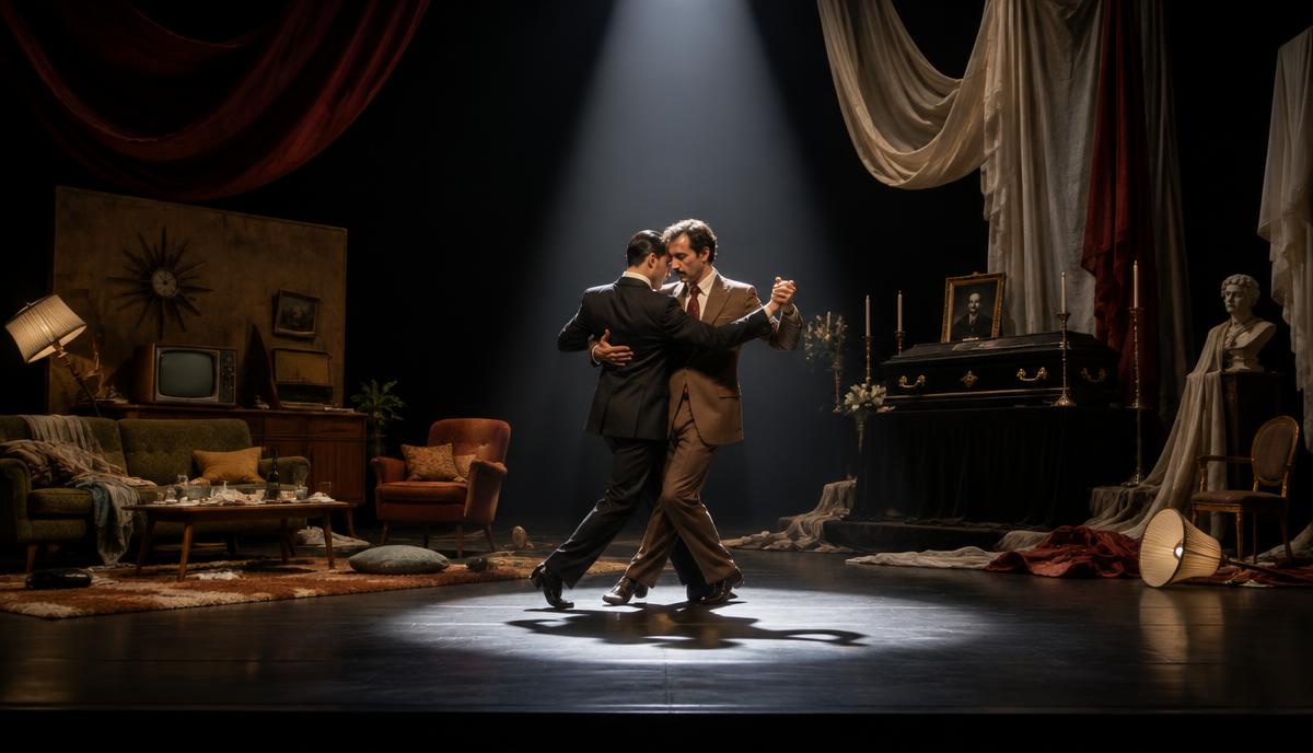 Dwóch mężczyzn tańczy tango w świetle reflektora na scenie z nieuporządkowanym salonem