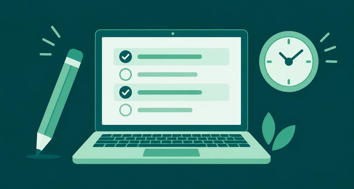 Laptop z testem online, ołówek i zegar na ciemnozielonym tle