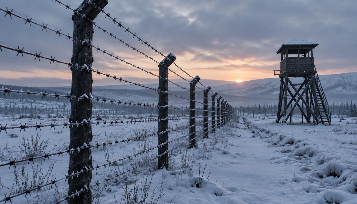 Drut kolczasty i drewniana wieża strażnicza w zaśnieżonym krajobrazie o świcie