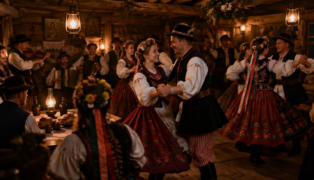 Wiejskie wesele w drewnianej chacie, pary w strojach ludowych tańczą przy świetle lamp