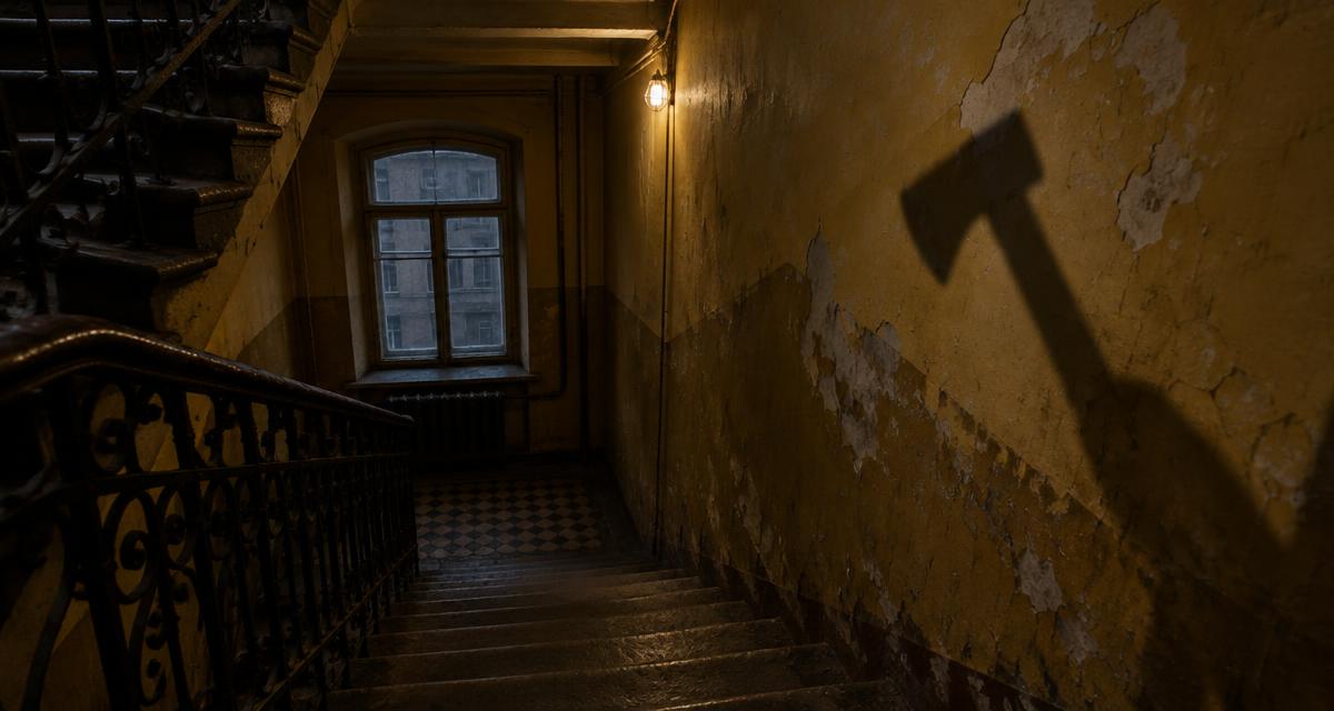 Ciemna klatka schodowa starej petersburskiej kamienicy z cieniem siekiery na ścianie