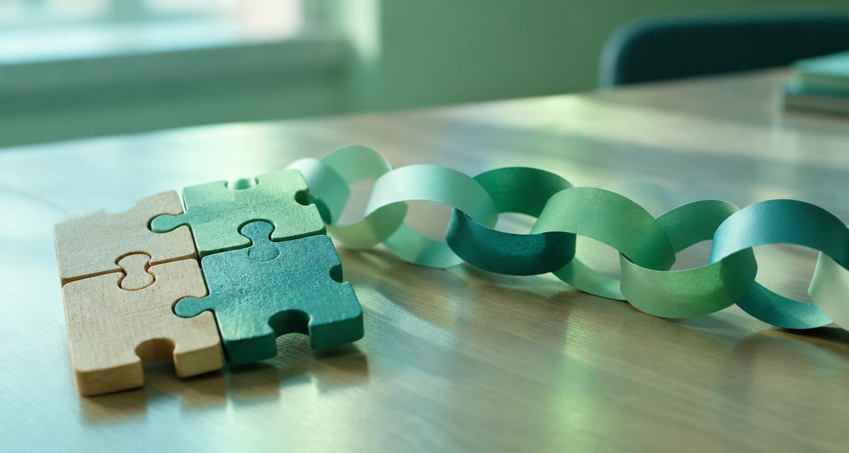 Połączone drewniane puzzle i łańcuch z pasków papieru na szkolnej ławce