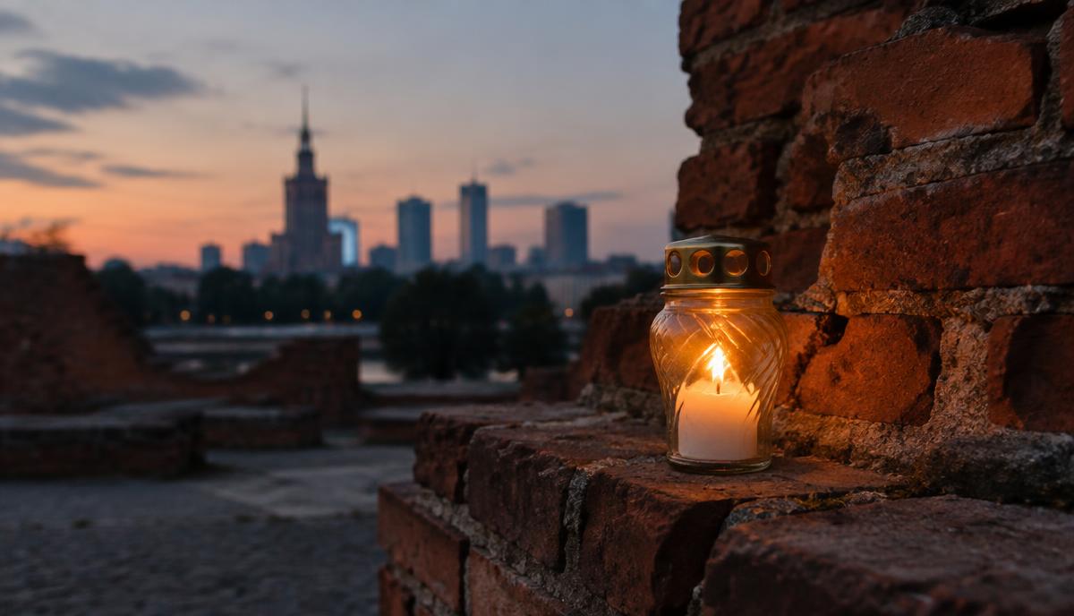 Zapalony znicz na fragmencie ceglanego muru o zmierzchu, w tle panorama Warszawy