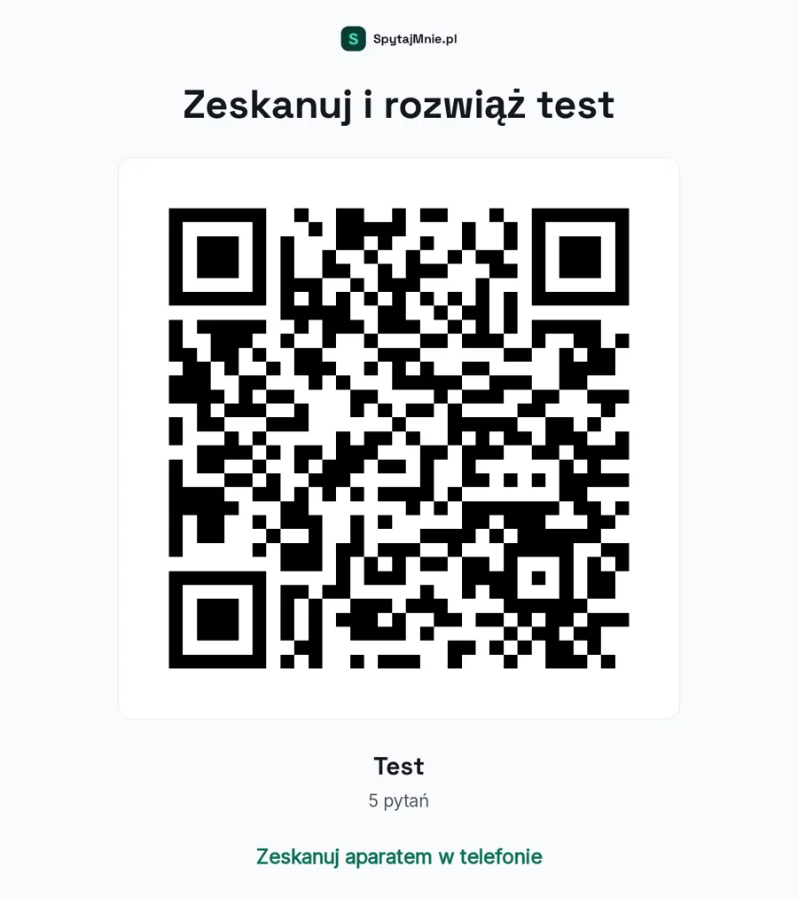 Kod QR wejściówki na pełnym ekranie z napisem „Zeskanuj i rozwiąż test”
