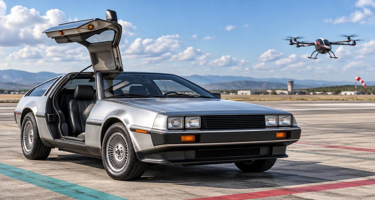 Generowana ilustracja: DeLorean na ziemi i osobna maszyna latająca; nie zdjęcie premiery