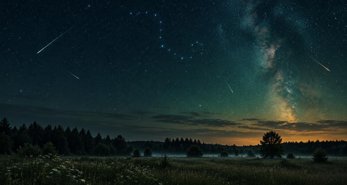 Nocne niebo ze śladami meteorów i gwiazdozbiorem Smoka
